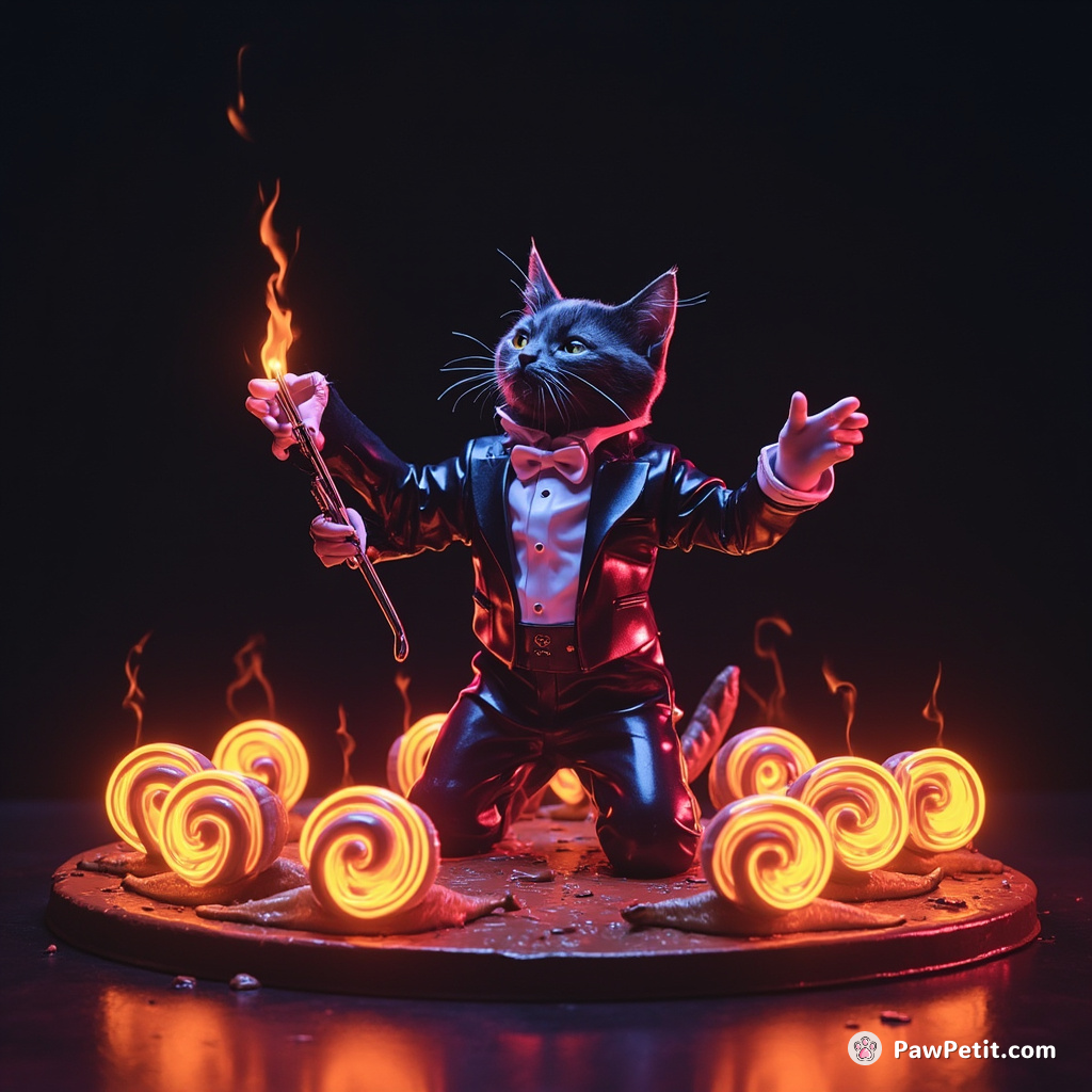 A neon tuxedo cat conducting an orchestra of fire-breathing snails on a melting chocolate bar stage.