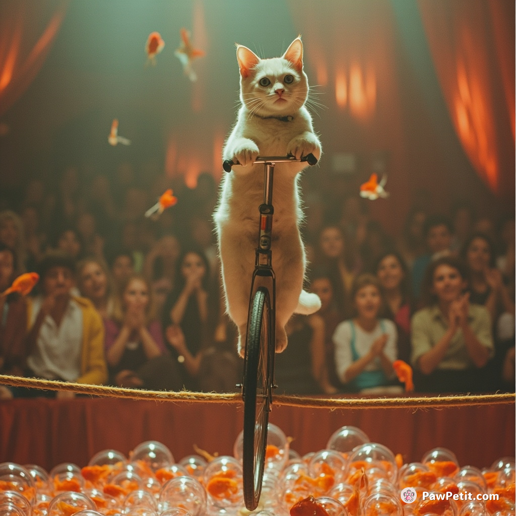 Cat unicycling on a tightrope in a circus, with an audience of goldfish in bubbles and hummingbirds applauding.