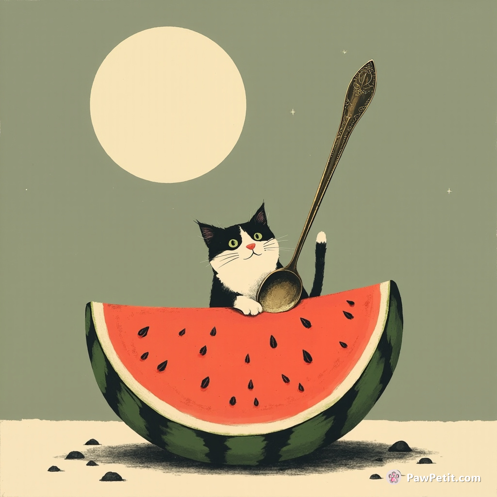 Cat using an oversized ornate spoon to dig a hole in the heart of a ripe watermelon moon.