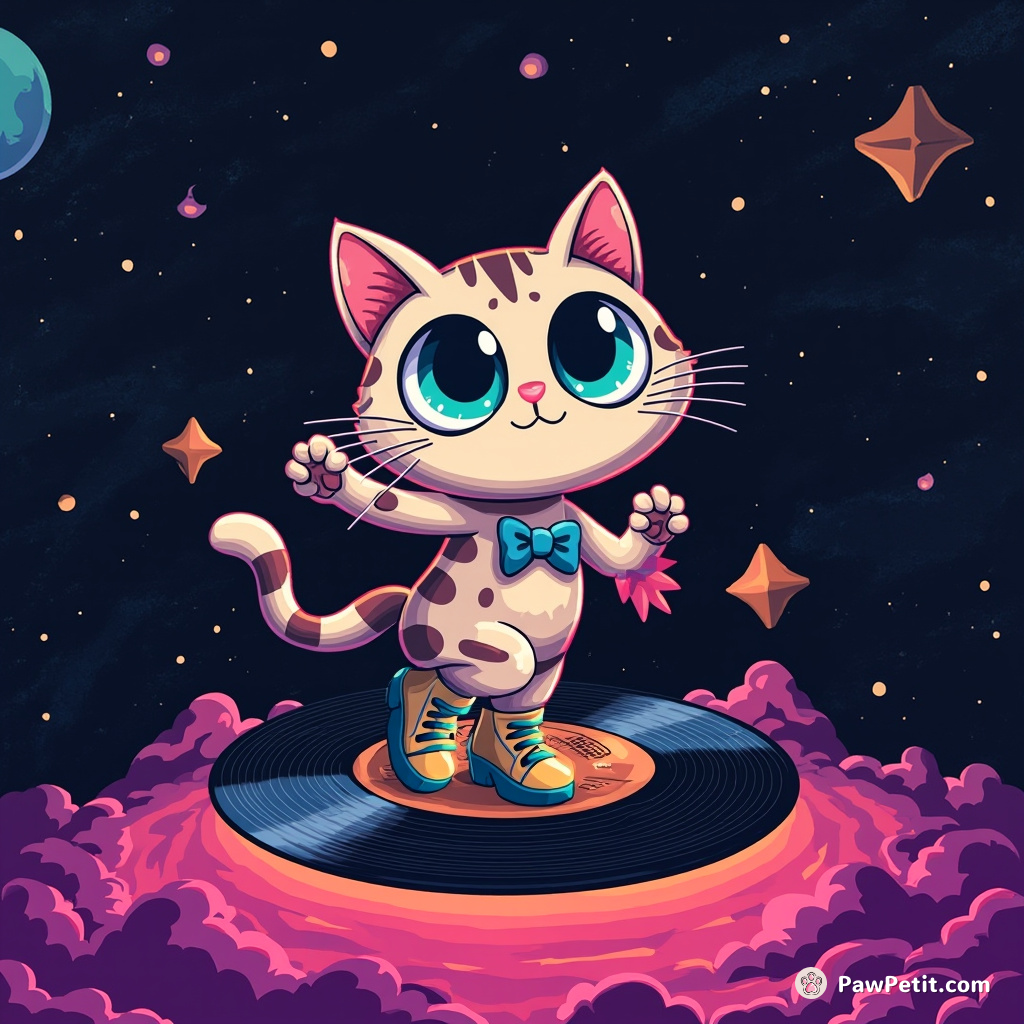 A turquoise-eyed cat tap-dancing on a floating vinyl record in outer space.