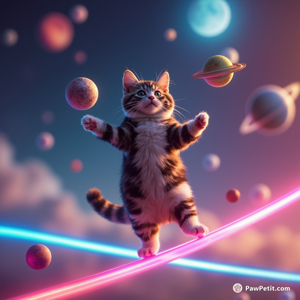 A calico cat tightrope walking on a neon rainbow while juggling miniature planets.