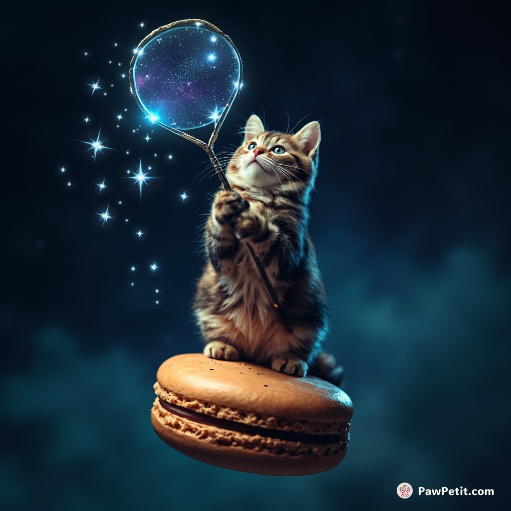 A cat trying to catch twinkling stars with a giant galaxy net while balancing on a floating macaron in outer space.