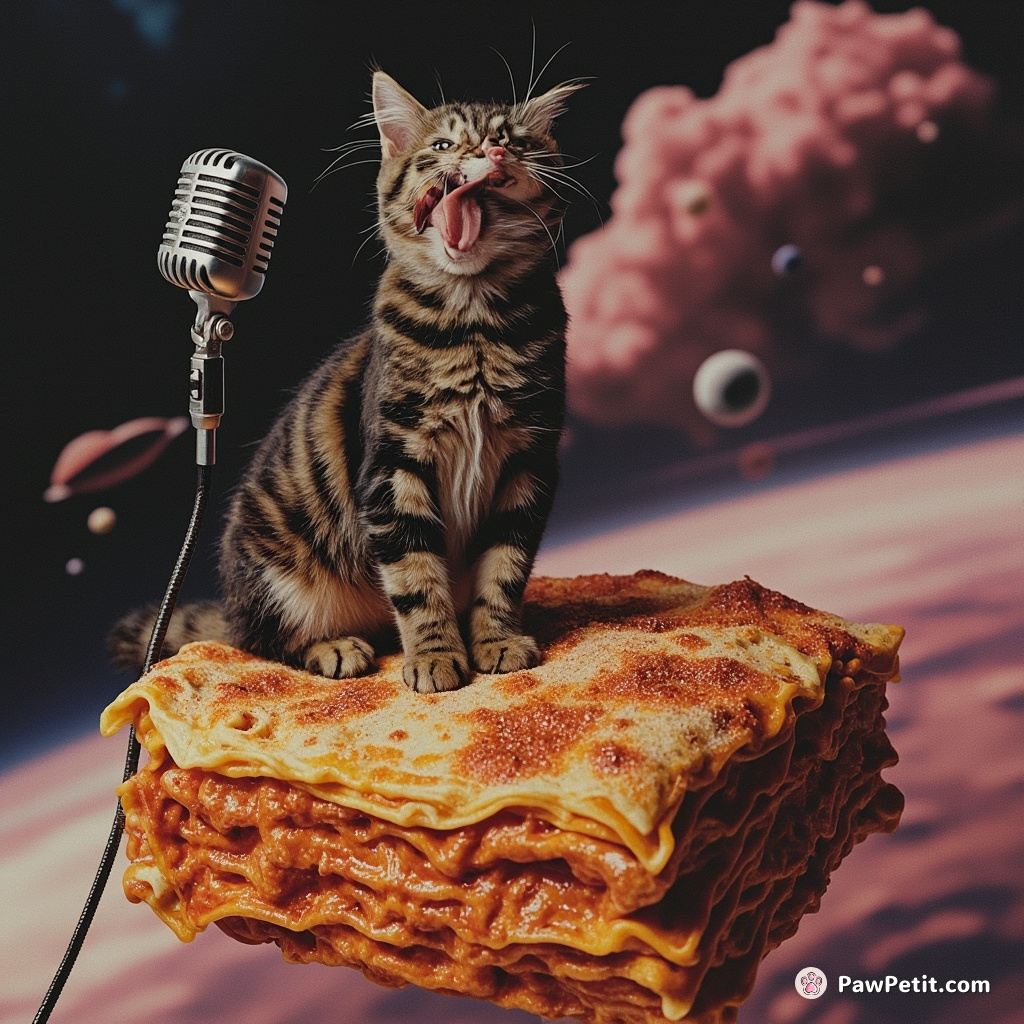 A tabby cat beatboxing into a microphone made of glittery stardust, on top of a giant floating lasagna in space.