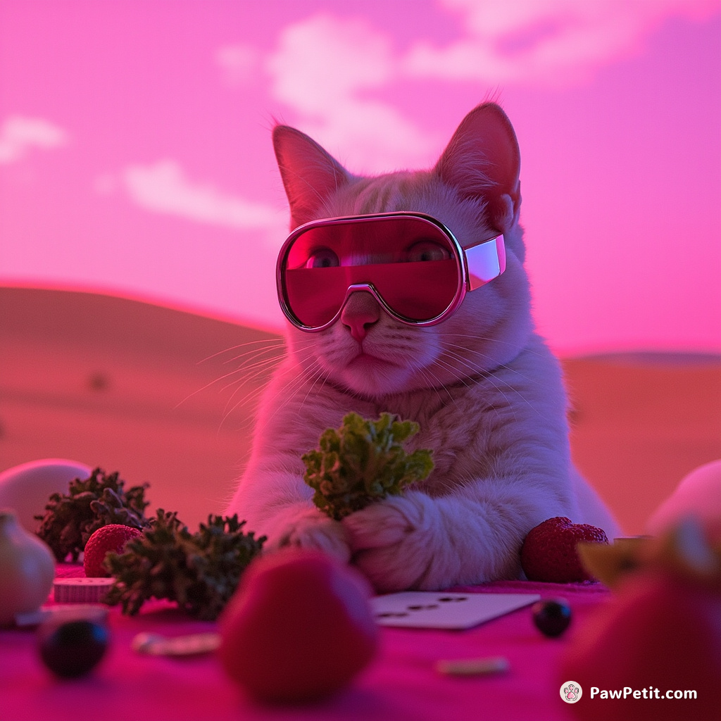Cat playing poker with vegetables on Mars under a bubble-gum pink sky.