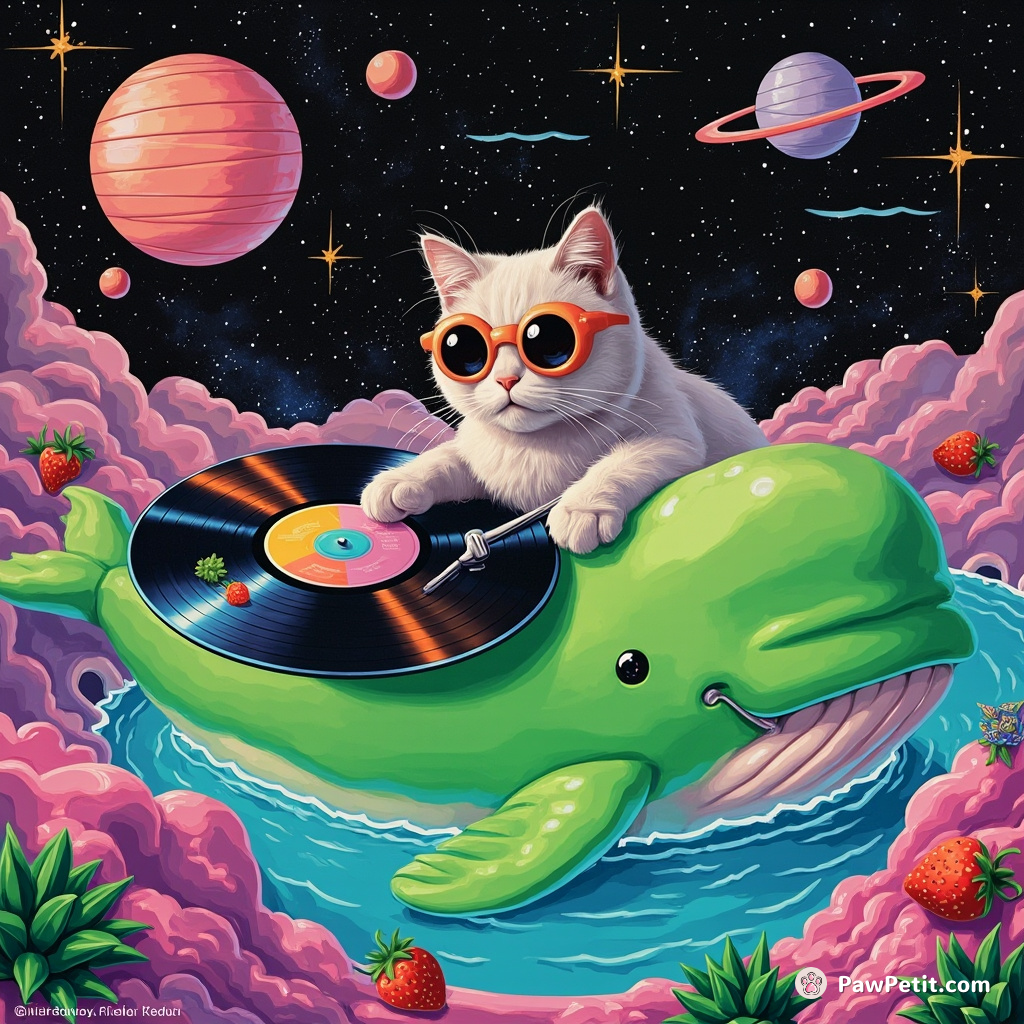 Eleven-eyed cat polishedly scratches vinyl records on a lime green whale floating down Strawberry River within a wild bubble universe, stars twinkling in sync to the cosmic beats.
