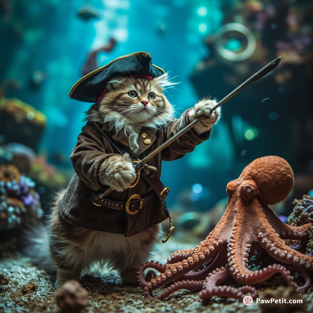 Cat dressed as a pirate, standing on hind legs, sword-fighting with an octopus on a sunken ship in a colorful aquarium.