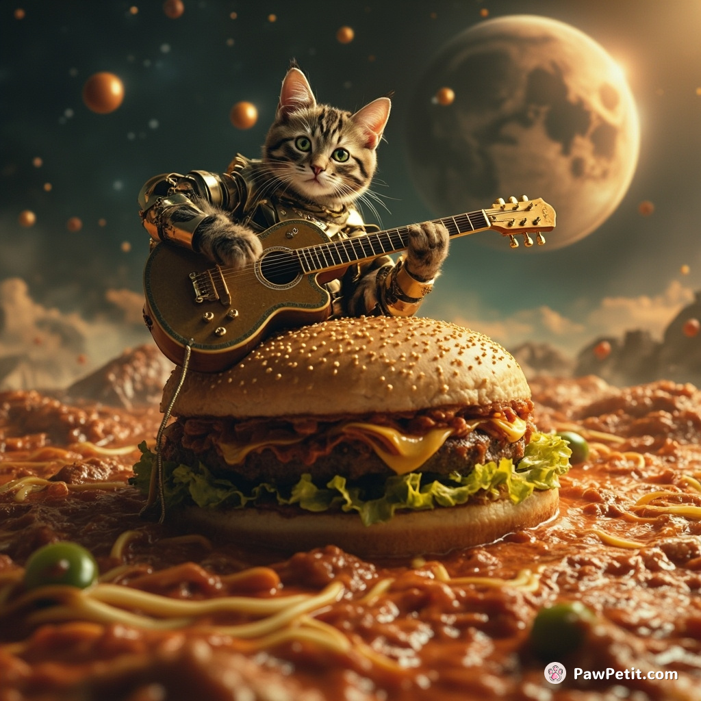 Cyborg cat playing flamenco guitar on a colossal cheeseburger floating in an intergalactic lasagna soup.