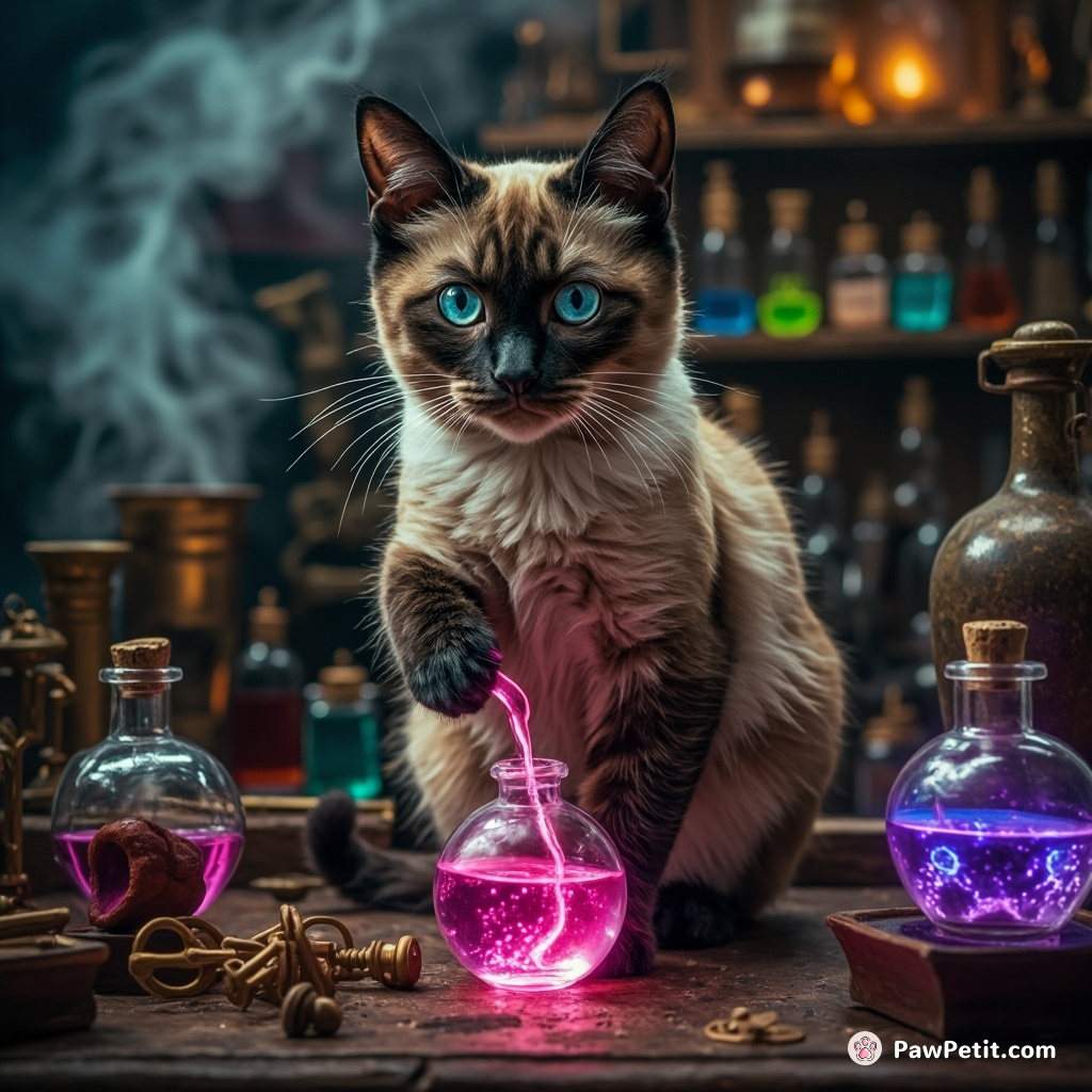 A steampunk cat stirring a neon potion in an antique apothecary lab, with mischief in its eyes.
