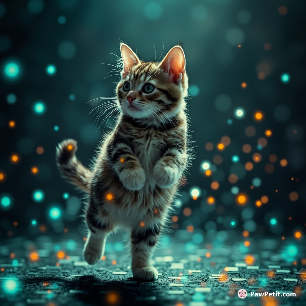 In a digital realm, the cat dances through code streams, weaving virtual galaxies with each graceful leap.