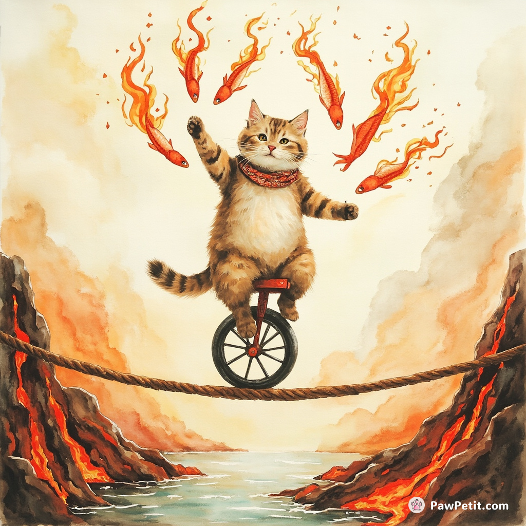 Cat juggling flaming salmon while riding a unicycle on a tightrope over a river of molten lava.