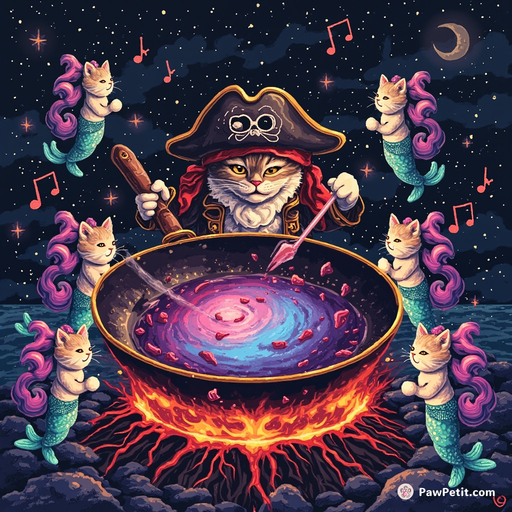 A pirate cat stir-frying a galaxy in a volcanic frying pan, surrounded by mermaid kittens singing sea shanties.