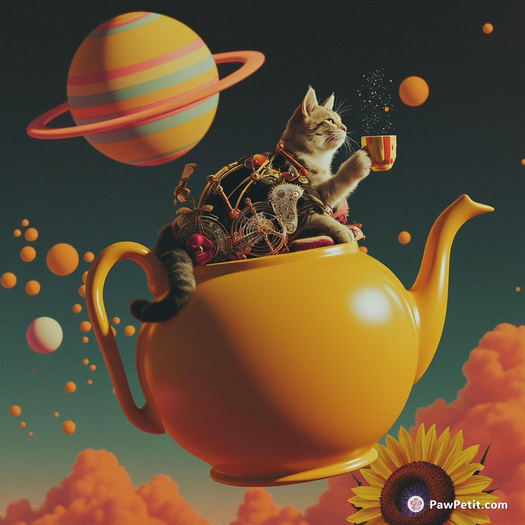 A clockwork cat sipping on galaxy tea inside an oversized teapot orbiting a sunflower planet.