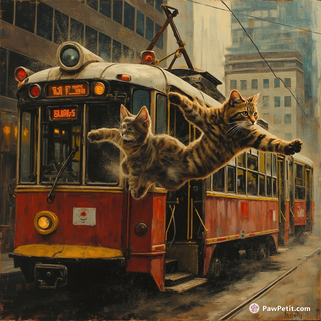 Stray cat surreptitiously boards a gleaming city tram, unhinging mechanical chaos with a swipe of her instinct-driven paw.