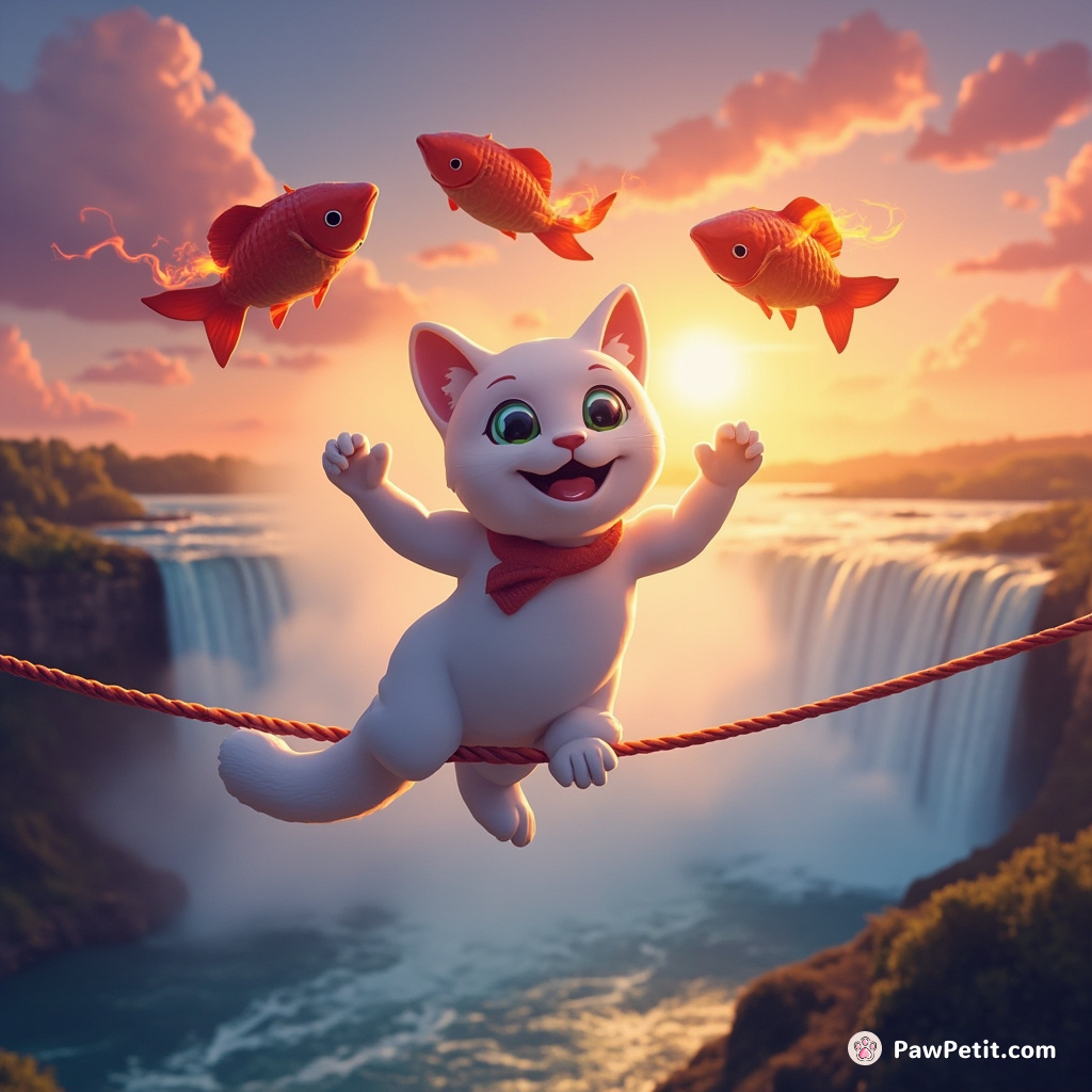Ghost cat juggling flaming fish on a tightrope above Niagara Falls during sunset.
