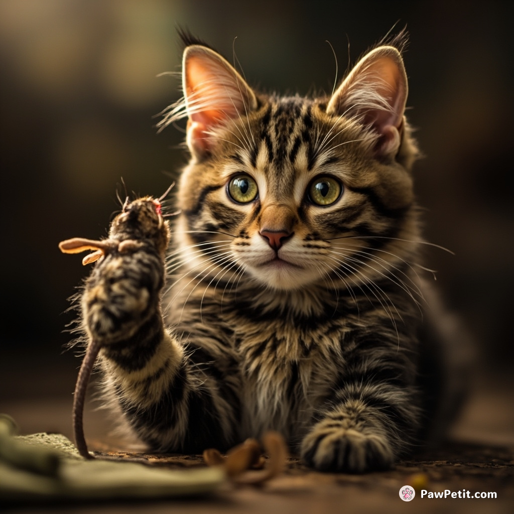 Cat proudly presents a dead mouse, believing it's a valuable human currency.