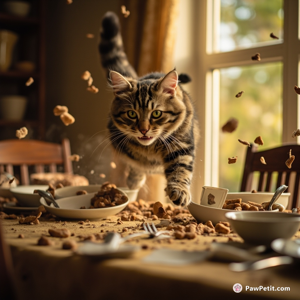 The cat leaps onto the dining table, scattering dishes in a frantic scramble for escape.