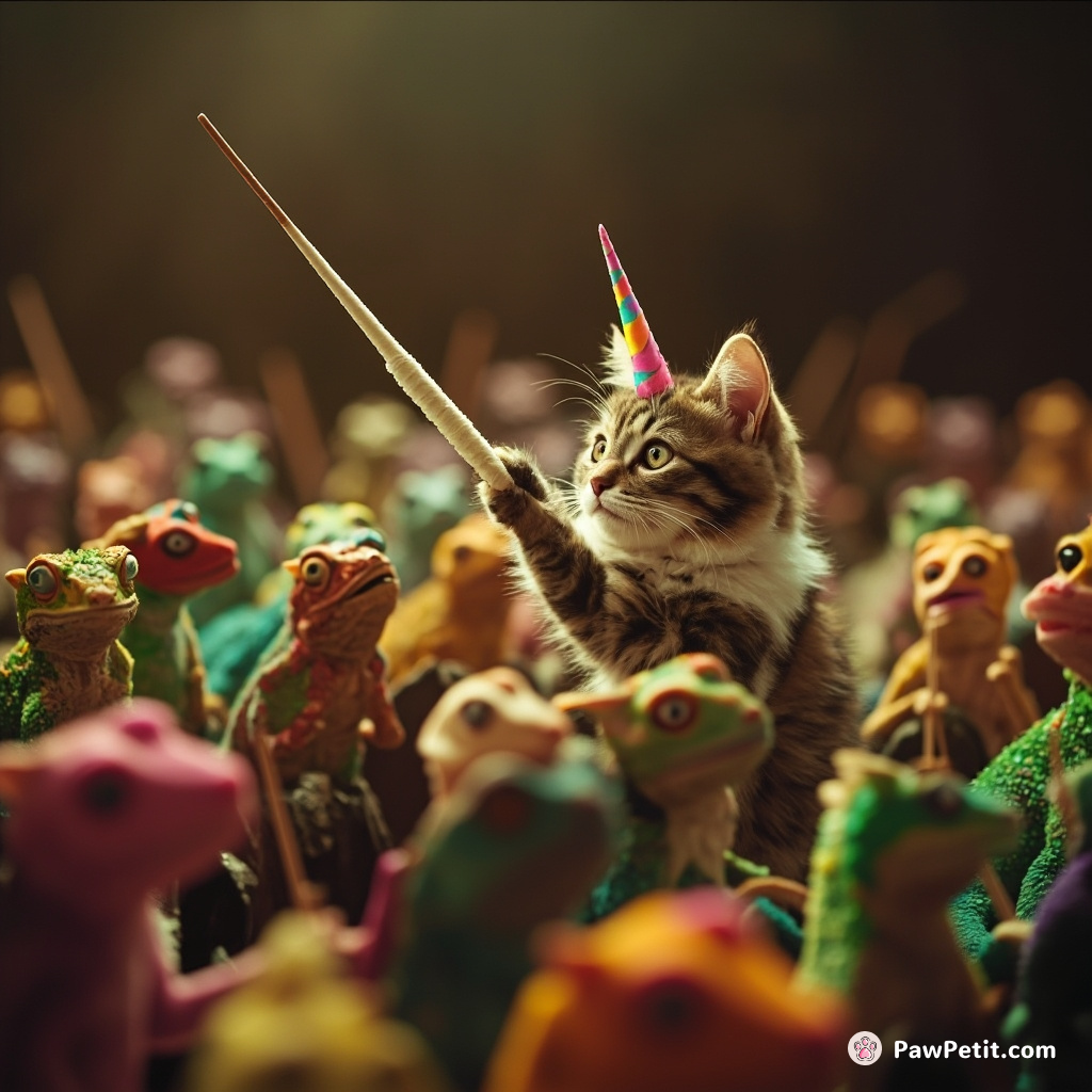 Cat using a unicorn horn as a conductor's baton in an orchestra of colorful geckos.