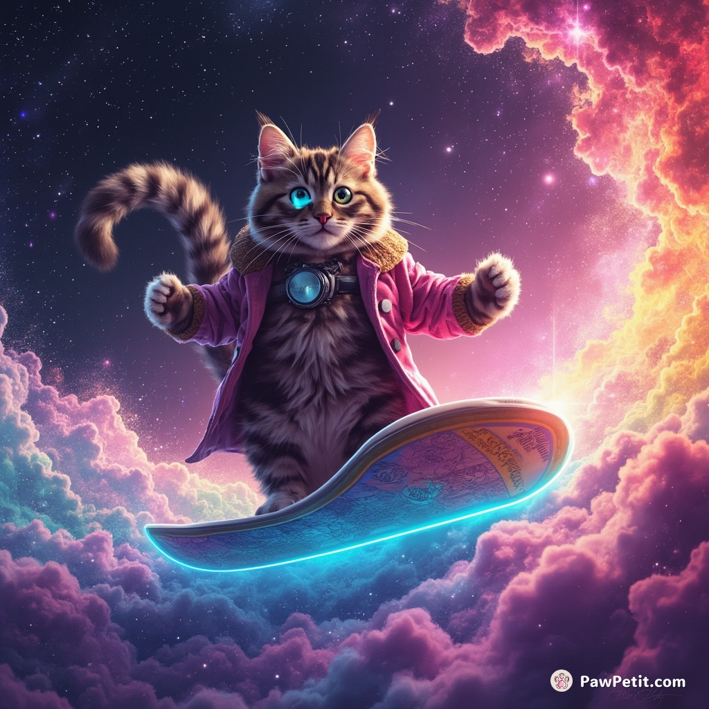 A Cheshire cat surfing through supernova waves in a rainbow nebula.