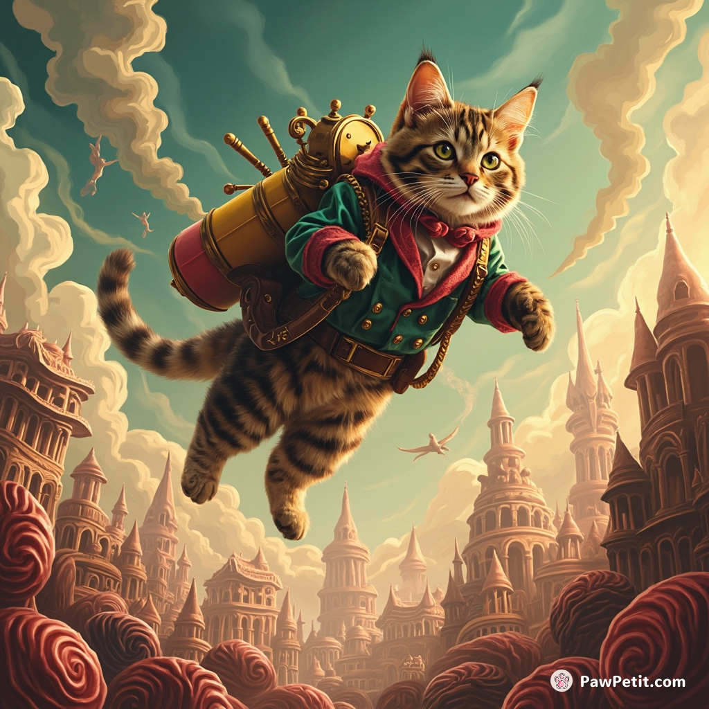 A Victorian punk-style cat, using a jetpack to soar above a city made entirely of licorice.