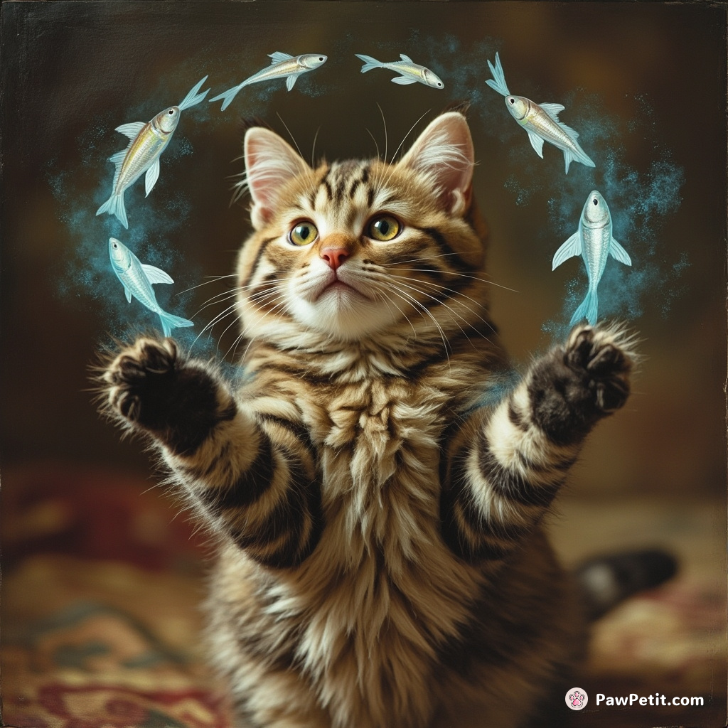 In the VR realm, the cat juggles digital fish with holographic paws.