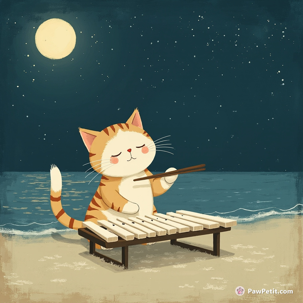 Cat using chopsticks to play xylophone made of fish bones on a moonlit beach.