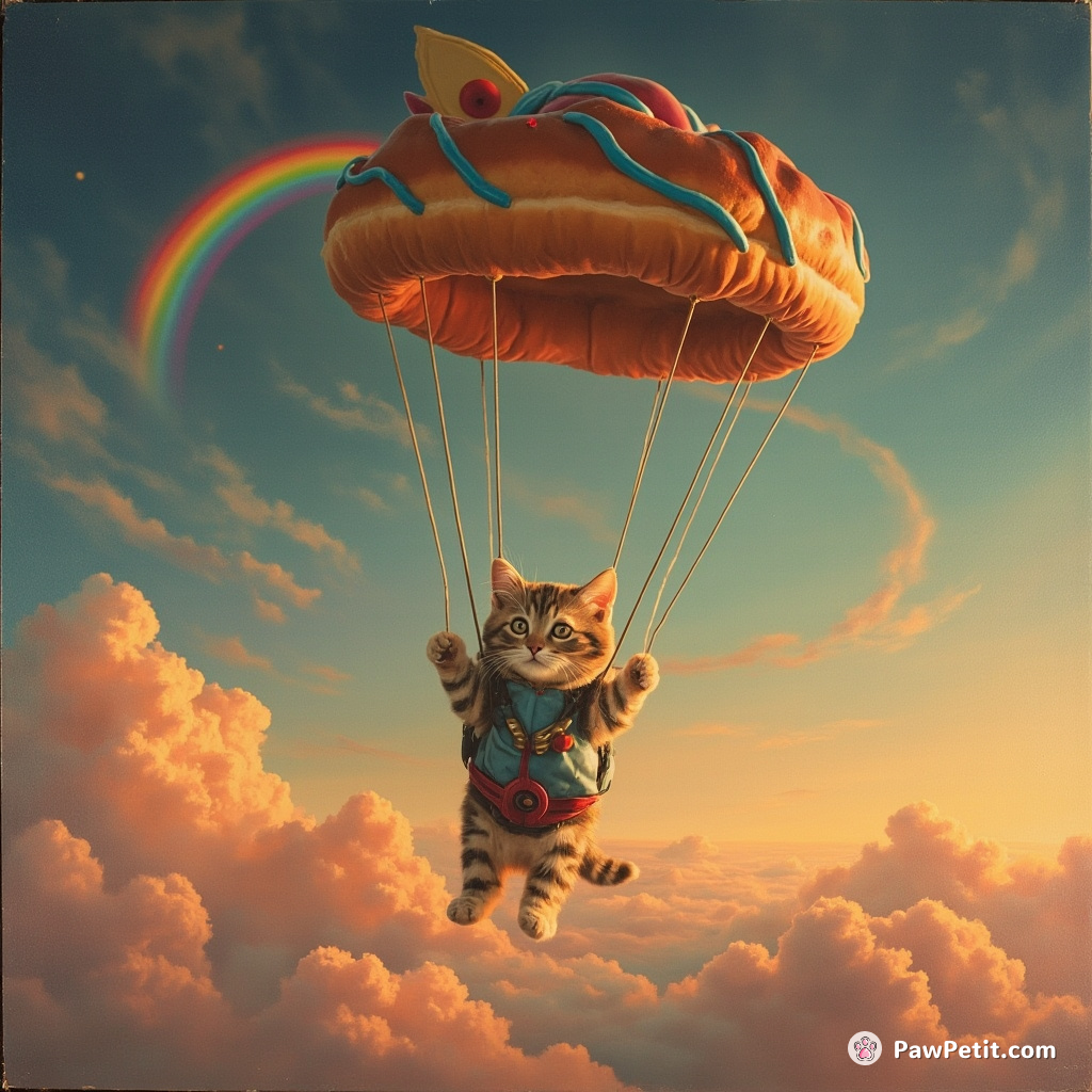 A cat parachuting from a donut-shaped spaceship, leaving rainbow vapour trials against a twilight sky.