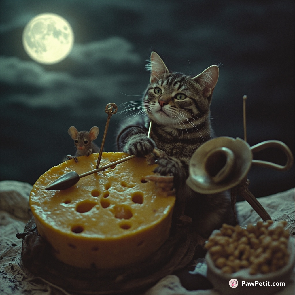 Cat orchestrating a mice symphony-esque aversion strategy with an antique cheese contraption under full moonlight.