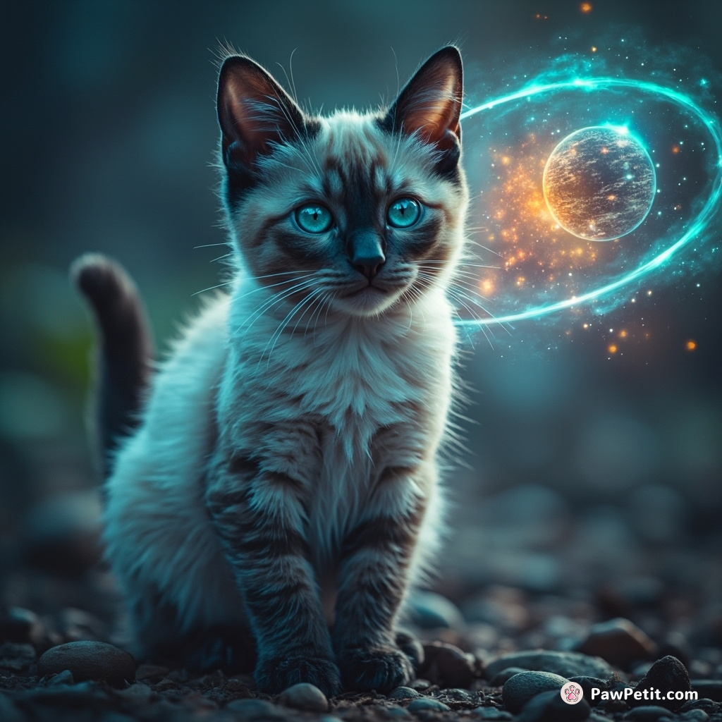 A Siamese cat, with galaxy patterns in its fur, wirelessly charging a futuristic city from the tip of its tail.