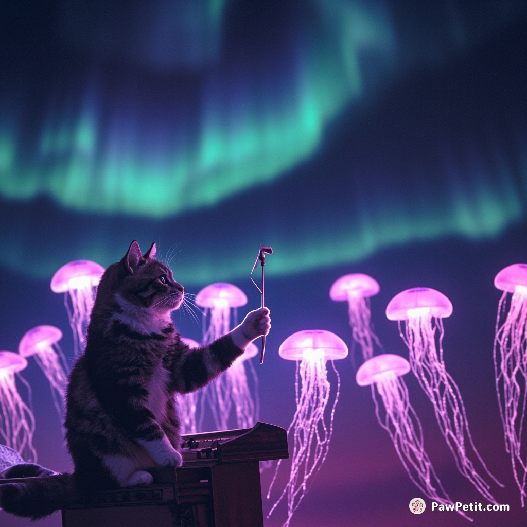 Cat conducting a symphony of glowing jellyfish, under an aurora borealis sky.
