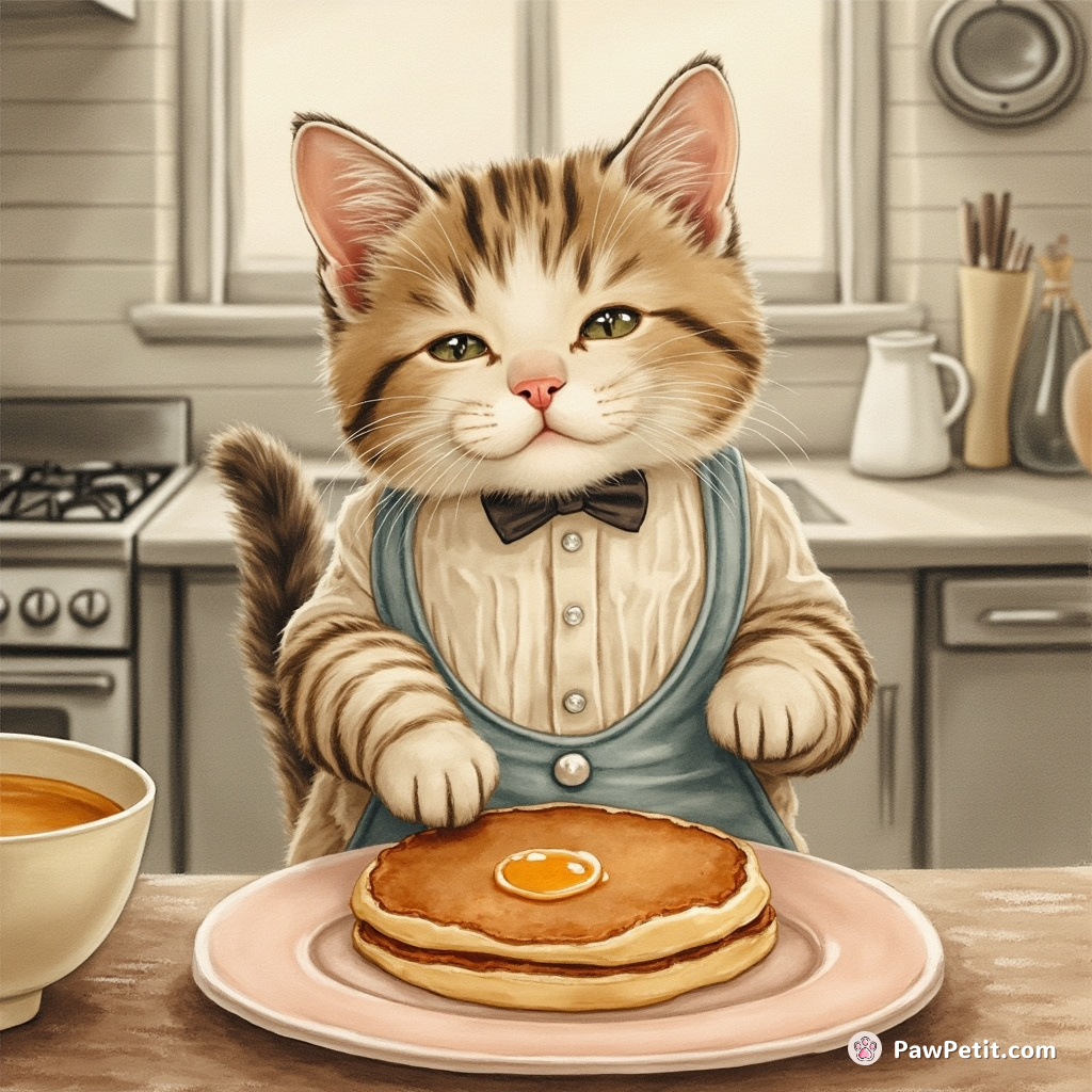 Cat flipping pancakes in a Victorian-era kitchen using its tail.