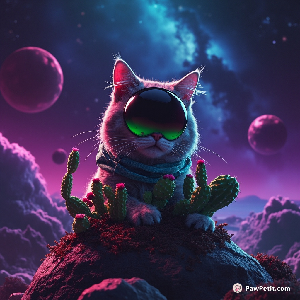 A green-thumbed alien cat planting space cacti on a floating asteroid under a nebula sky.