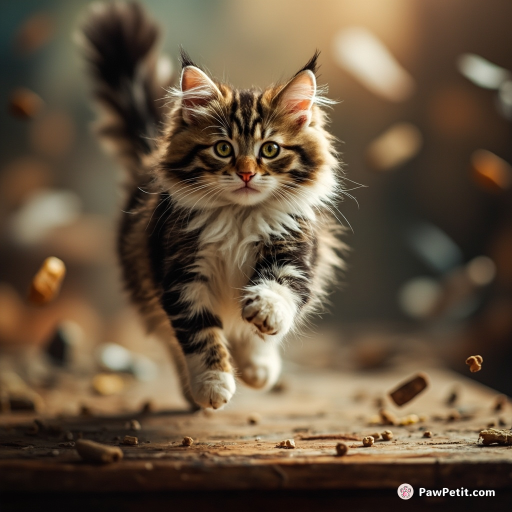 The cat darts through the chaos, leaping onto a table to escape the commotion.