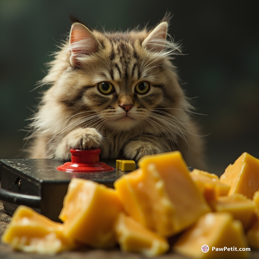 Cat pushes ominous red button on alien device, mind-bendingly morphing earth's mice into cheddar cheese.