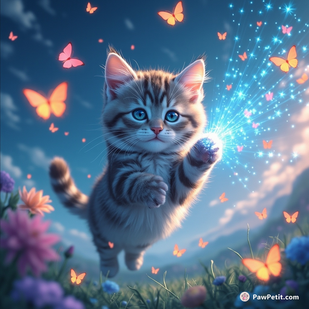 The digital cat swipes playfully at holographic butterflies, chasing vibrant colors through the virtual landscape.