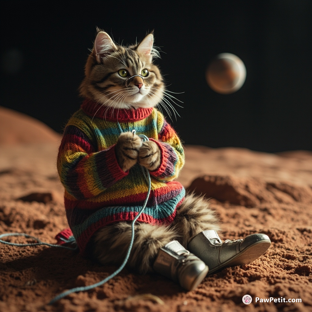 A graceful cat knitting a gargantuan rainbow sweater in the silence of Mars with only his silver monocle and moon boots.