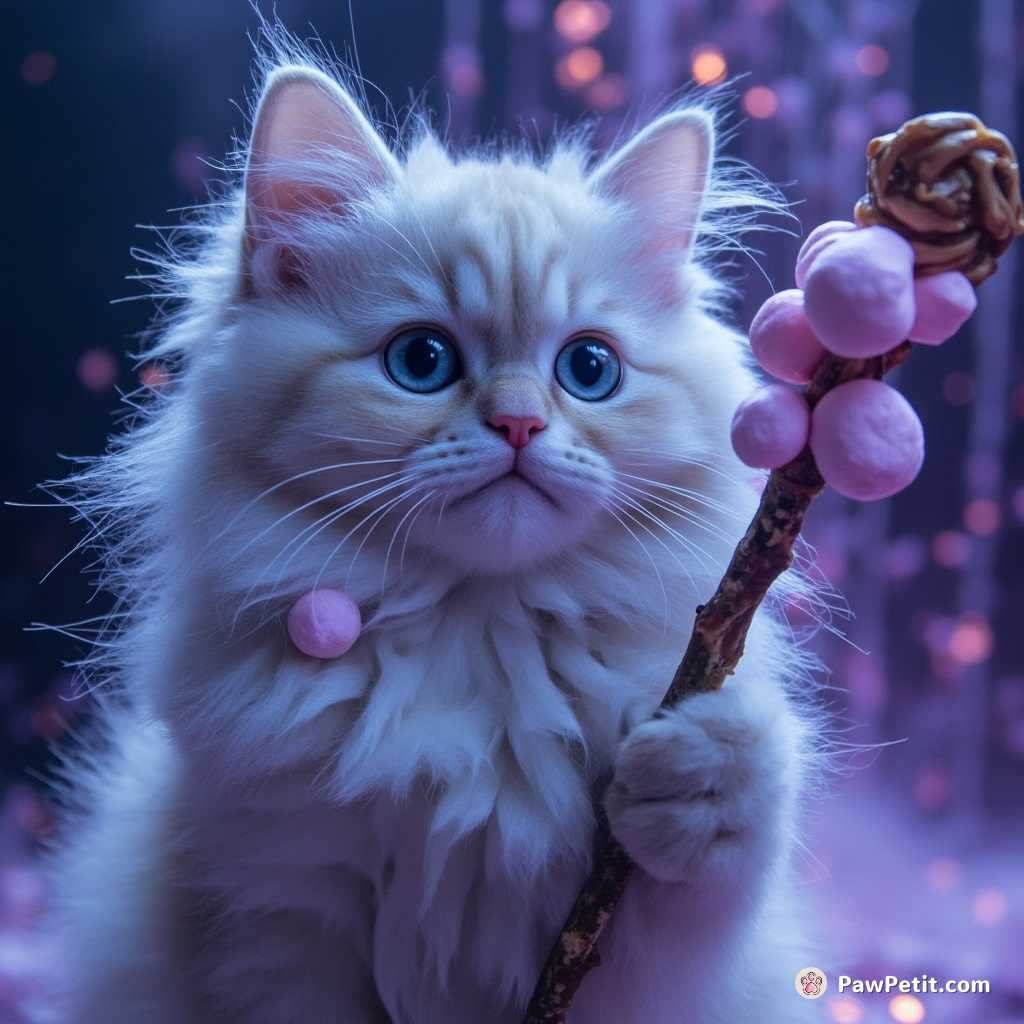 A mysterious cat casting magical spells with a staff made out of toffee and marshmallows, under a neon waterfall.