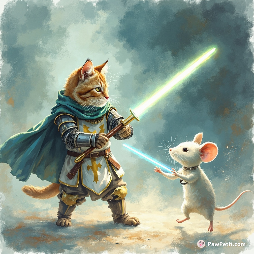 A medieval knight cat fencing with a fluorescent light-saber against an invisible mouse phantom.