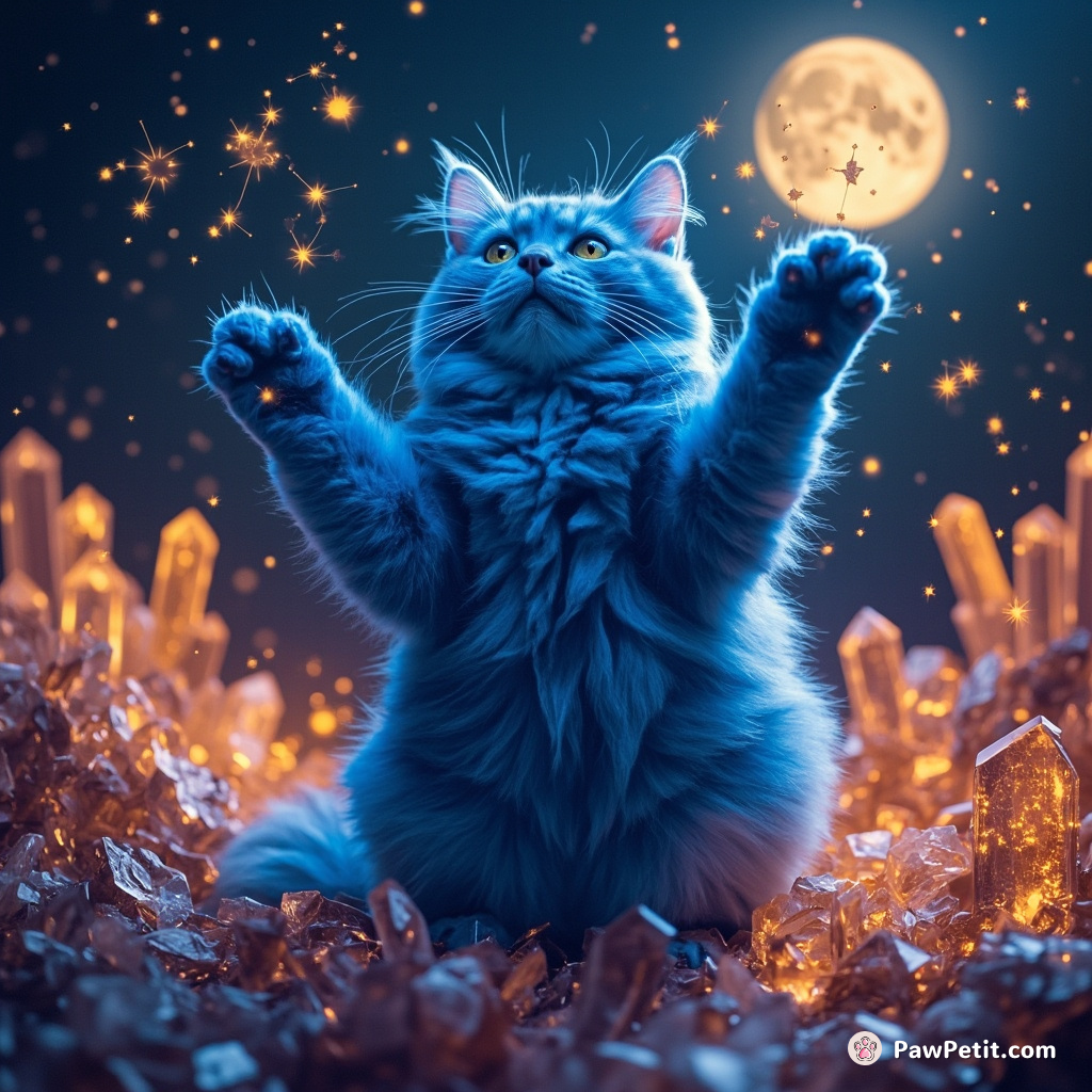 A royal blue space cat juggling floating constellations in a crystal garden flooded by amber-hued moonlight.