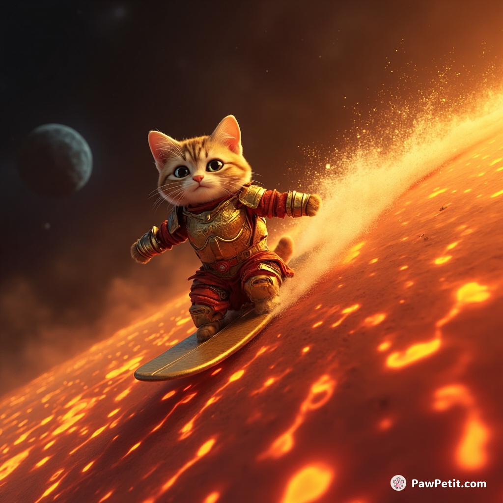 Cat surfing on a wave of molten lava in outer space while wearing gilded armor.