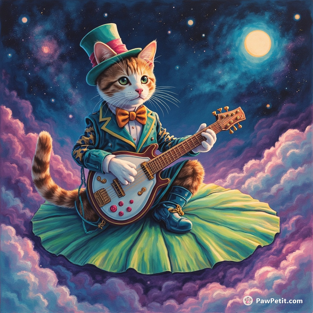 Victorian-styled cyborg cat playing the theremin on a giant floating lily pad in a neon galaxy.