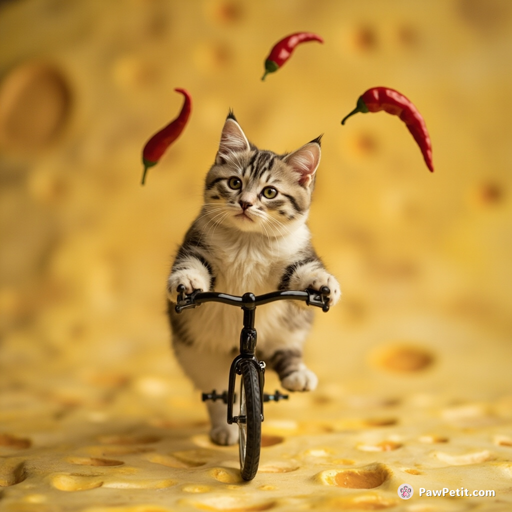 A cat juggling three red hot chili peppers while riding a monowheel bicycle on cheese moon surface.