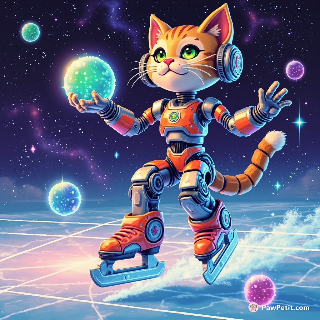 A futuristic robot cat ice-skating flawlessly on a galaxy-patterned rink while balancing multicolored, crystal balls with its metallic tail.