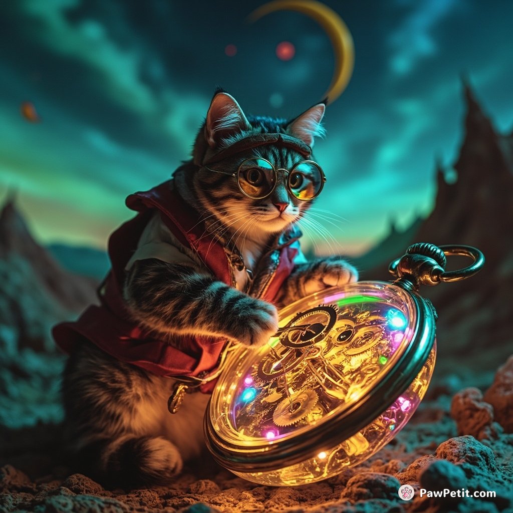 A neon-glowing cat wearing a bespectacled aviator outfit tinkering with multicolored gears inside a giant, translucent antique pocket watch levitating in an iconic Salvador Dali surreal landscape.