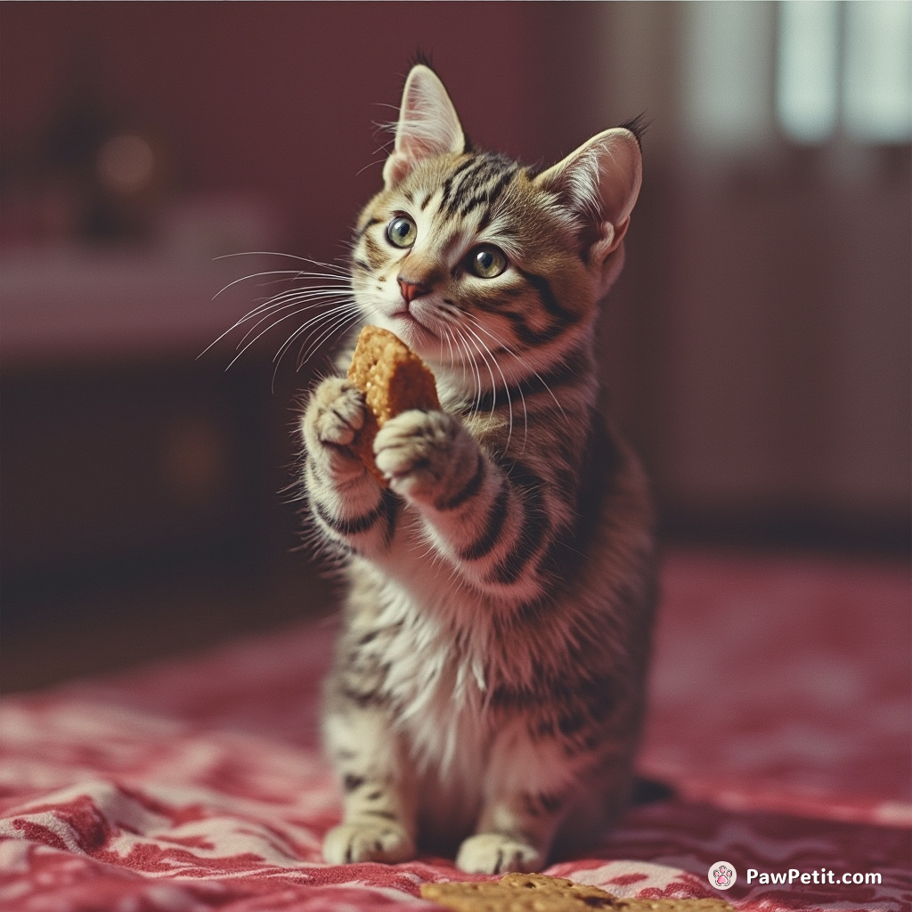 The cat uprightly totters on hind legs, attempting to nibble cracker quietly with an air of aristocratic restraint.
