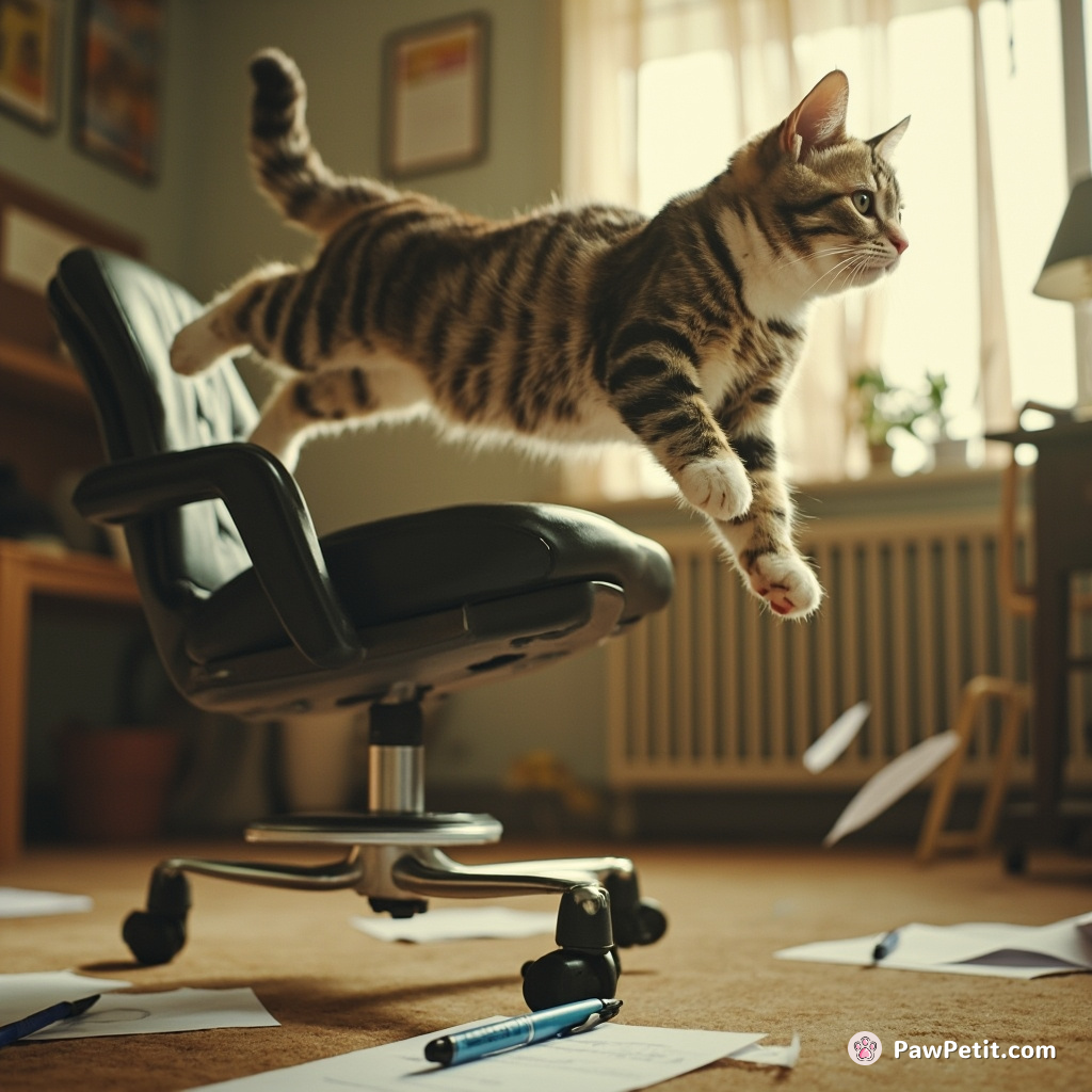 The cat leaps onto a spinning office chair, zooming wildly across the room, knocking over papers and pens.