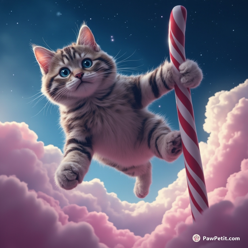 A gigantic cat using candy cane as a pole vault to jump over cotton candy clouds in the night sky.