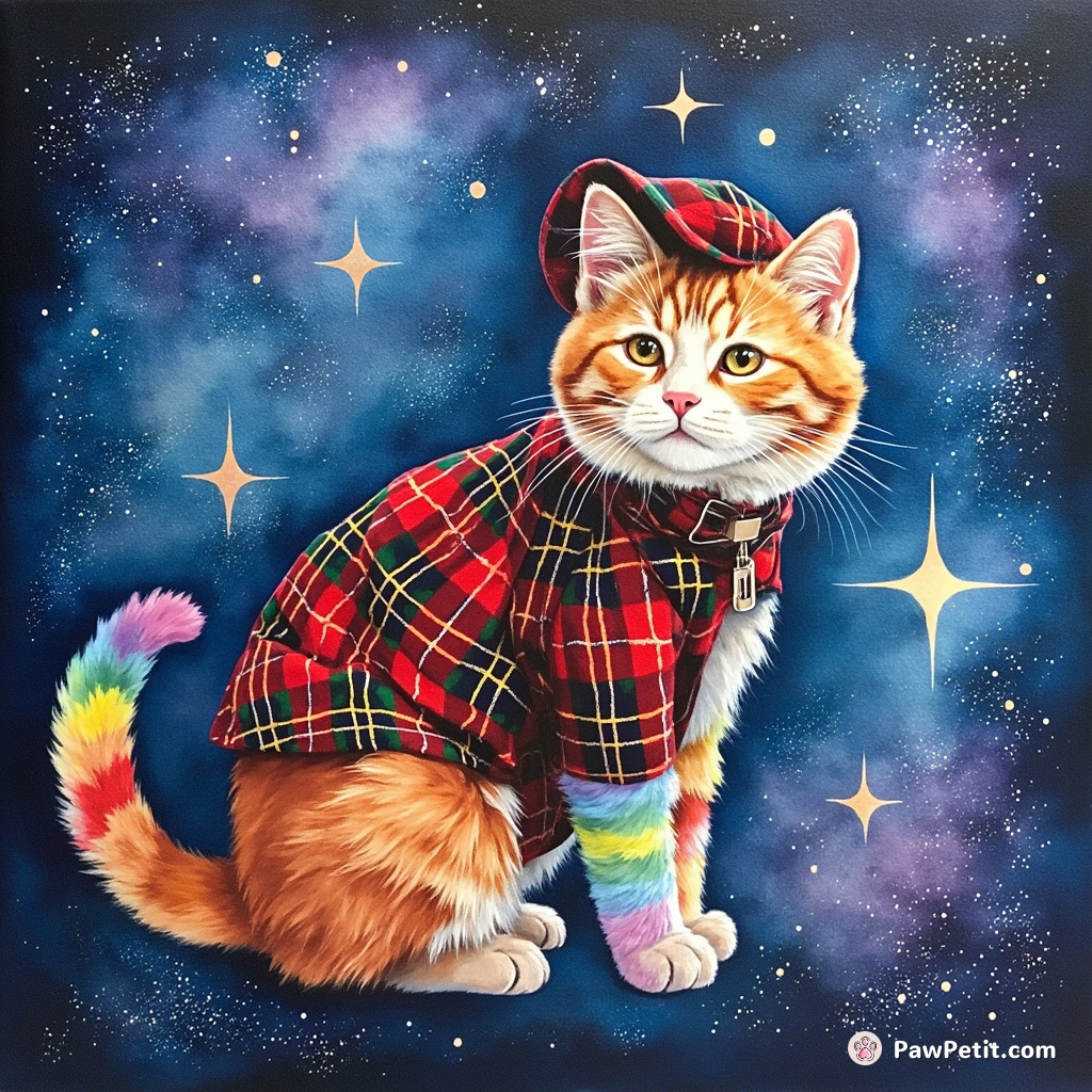 A rainbow cat painting, ethereal galaxies onto the universe canvas with his tapered tail while wearing Scottish highland attire.