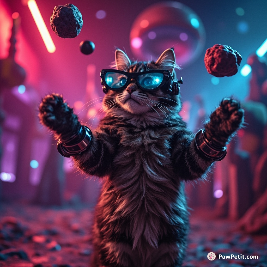 Cybernetic cat juggling asteroids in neon-infused intergalactic circus.