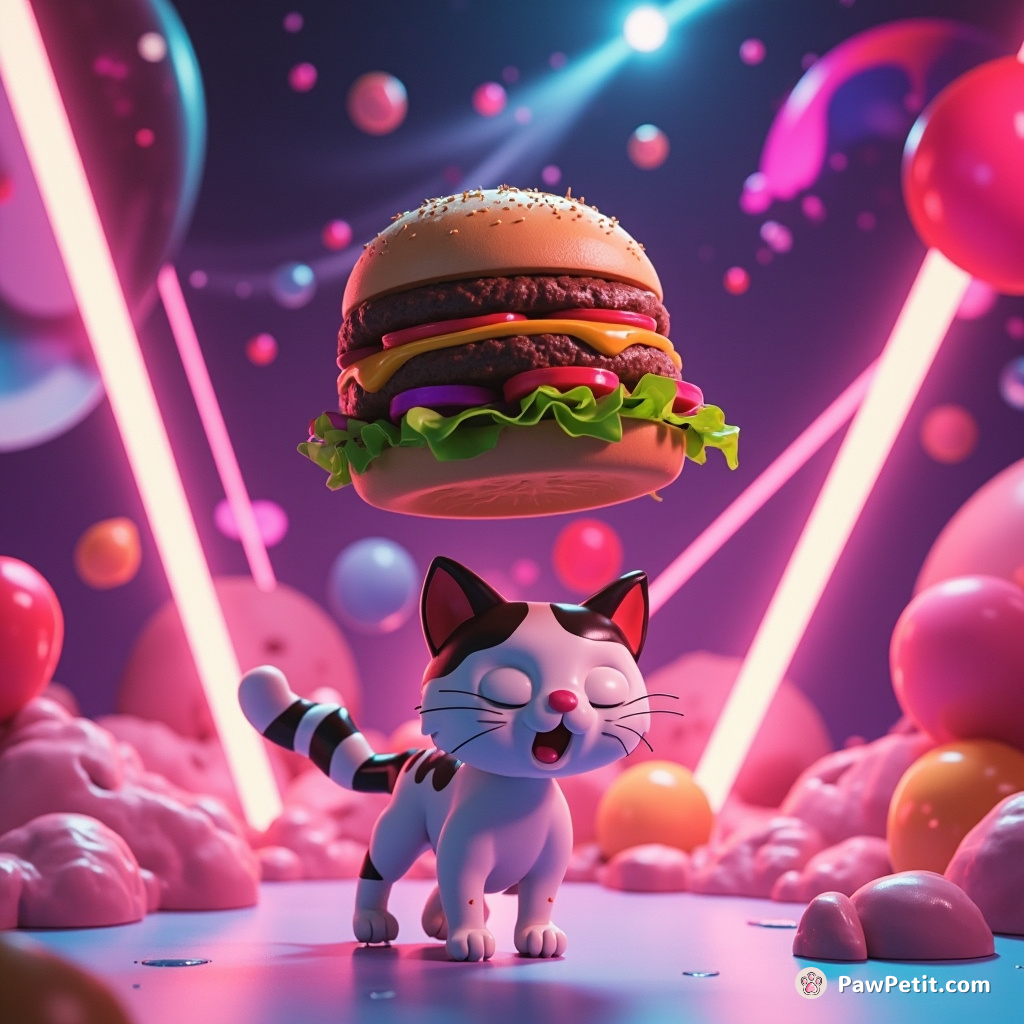 A calico cat levitating a towering cheeseburger with telekinetic powers in a neon space disco.