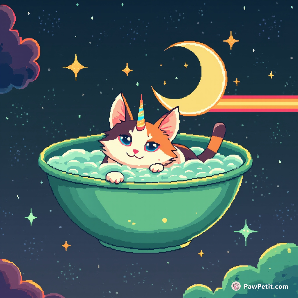 A calico cat floating in a jade-green salad bowl galaxy, trying to milk the Moonicorn with its laser gaze.